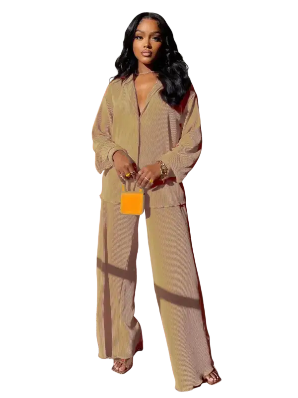 CM.YAYA Pleated Solid Women Set Long Sleeve Shirts and Straight Wide Leg Pants - laurichshop