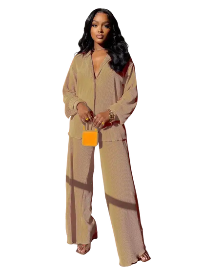 CM.YAYA Pleated Solid Women Set Long Sleeve Shirts and Straight Wide Leg Pants - laurichshop