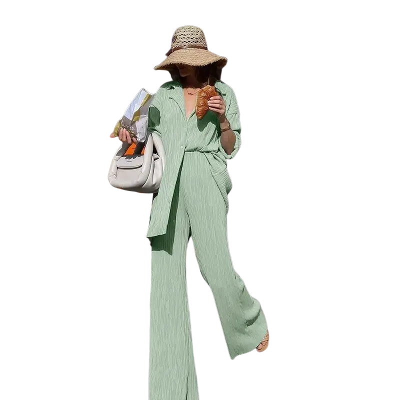 CM.YAYA Pleated Solid Women Set Long Sleeve Shirts and Straight Wide Leg Pants - laurichshop