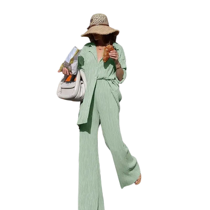 CM.YAYA Pleated Solid Women Set Long Sleeve Shirts and Straight Wide Leg Pants - laurichshop