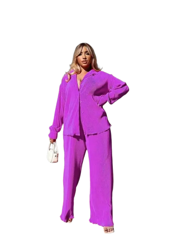 CM.YAYA Pleated Solid Women Set Long Sleeve Shirts and Straight Wide Leg Pants - laurichshop