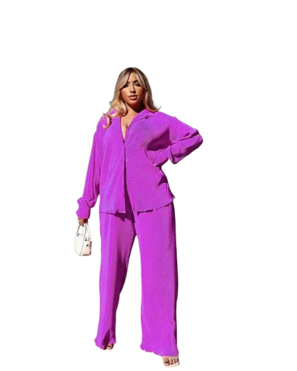 CM.YAYA Pleated Solid Women Set Long Sleeve Shirts and Straight Wide Leg Pants - laurichshop