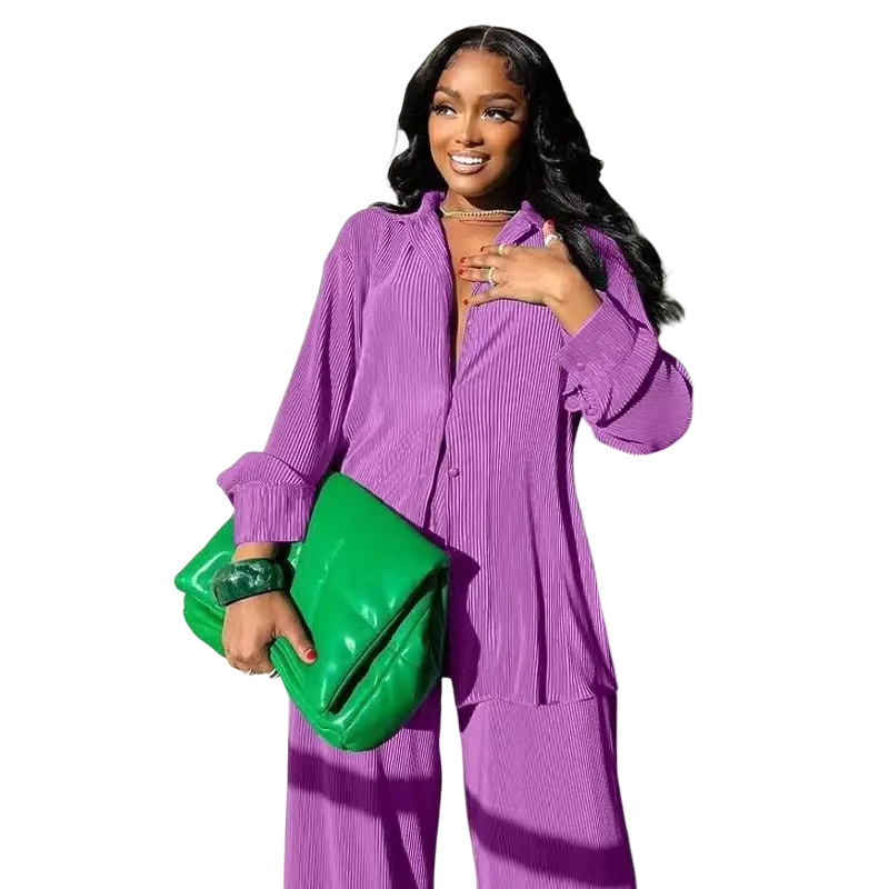 CM.YAYA Pleated Solid Women Set Long Sleeve Shirts and Straight Wide Leg Pants - laurichshop