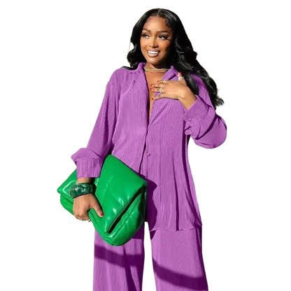 CM.YAYA Pleated Solid Women Set Long Sleeve Shirts and Straight Wide Leg Pants - laurichshop