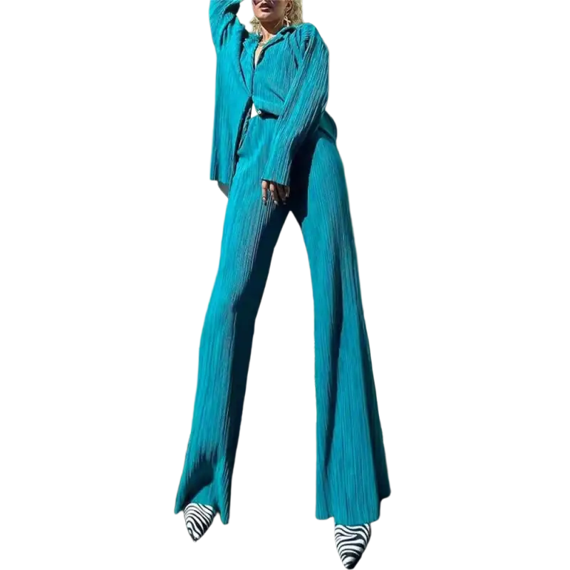 CM.YAYA Pleated Solid Women Set Long Sleeve Shirts and Straight Wide Leg Pants - laurichshop