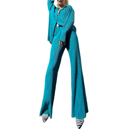 CM.YAYA Pleated Solid Women Set Long Sleeve Shirts and Straight Wide Leg Pants - laurichshop