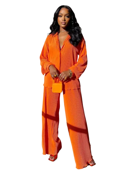 CM.YAYA Pleated Solid Women Set Long Sleeve Shirts and Straight Wide Leg Pants - laurichshop