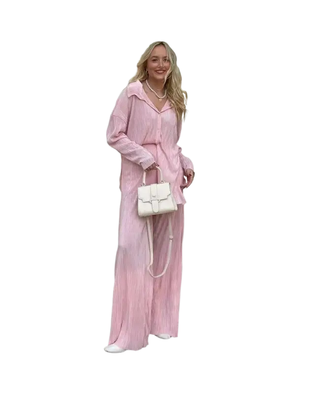 CM.YAYA Pleated Solid Women Set Long Sleeve Shirts and Straight Wide Leg Pants - laurichshop