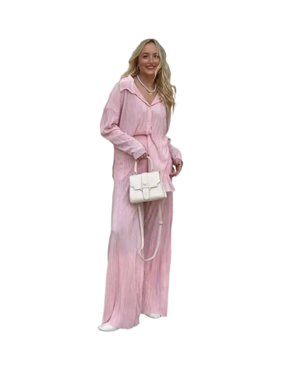 CM.YAYA Pleated Solid Women Set Long Sleeve Shirts and Straight Wide Leg Pants - laurichshop