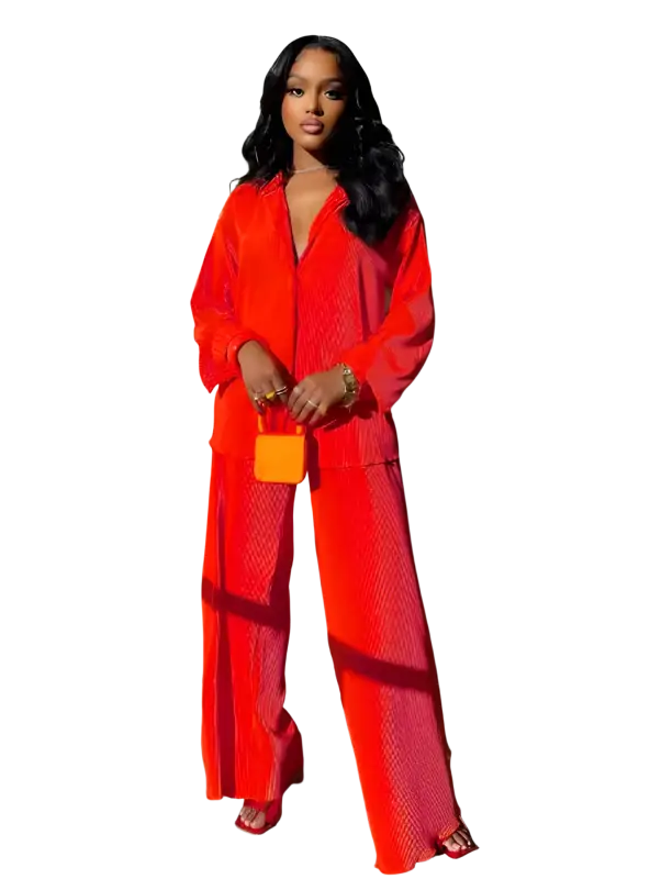 CM.YAYA Pleated Solid Women Set Long Sleeve Shirts and Straight Wide Leg Pants - laurichshop