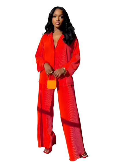 CM.YAYA Pleated Solid Women Set Long Sleeve Shirts and Straight Wide Leg Pants - laurichshop