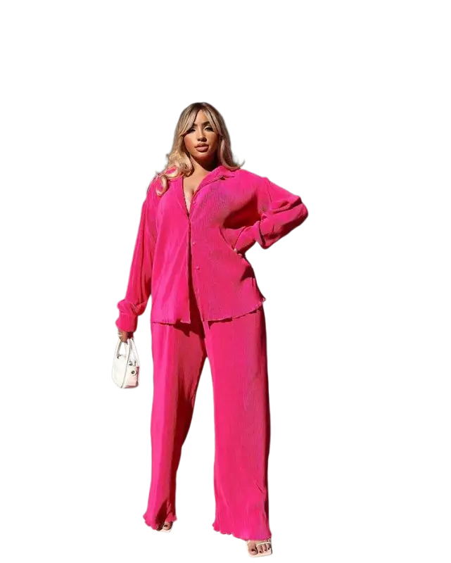 CM.YAYA Pleated Solid Women Set Long Sleeve Shirts and Straight Wide Leg Pants - laurichshop