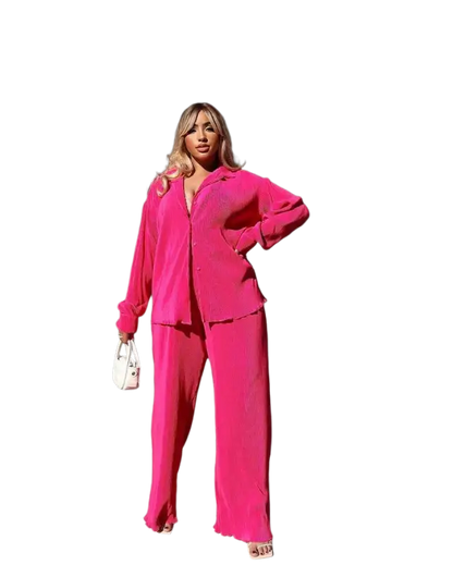 CM.YAYA Pleated Solid Women Set Long Sleeve Shirts and Straight Wide Leg Pants - laurichshop