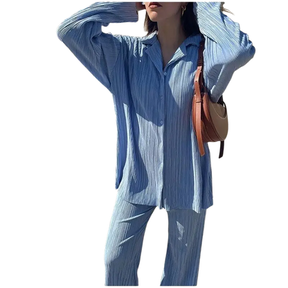 CM.YAYA Pleated Solid Women Set Long Sleeve Shirts and Straight Wide Leg Pants - laurichshop