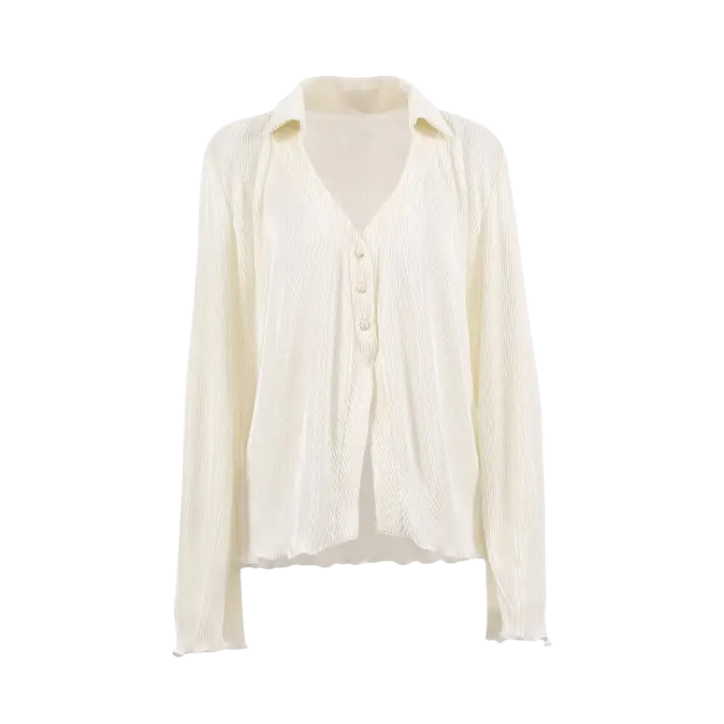 CM.YAYA Pleated Solid Women Set Long Sleeve Shirts and Straight Wide Leg Pants - laurichshop