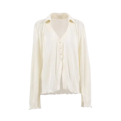 CM.YAYA Pleated Solid Women Set Long Sleeve Shirts and Straight Wide Leg Pants - laurichshop