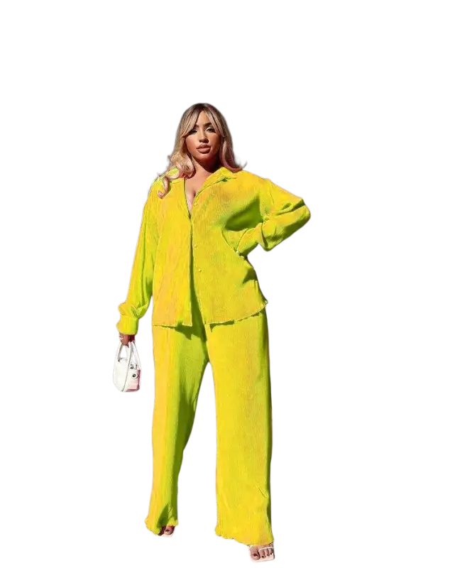 CM.YAYA Pleated Solid Women Set Long Sleeve Shirts and Straight Wide Leg Pants - laurichshop