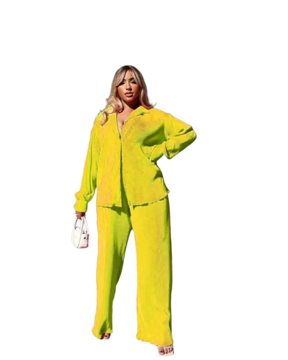 CM.YAYA Pleated Solid Women Set Long Sleeve Shirts and Straight Wide Leg Pants - laurichshop