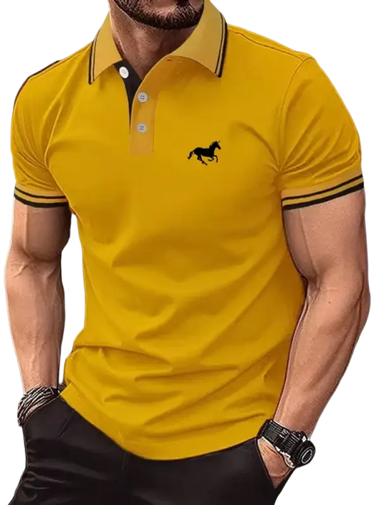 Yellow polo shirt with black horse embroidery for casual wear