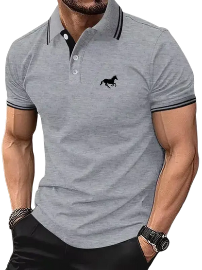 Gray polo shirt with black horse embroidery for casual wear