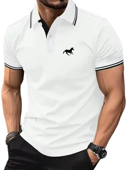 White polo shirt with black horse embroidery for casual wear