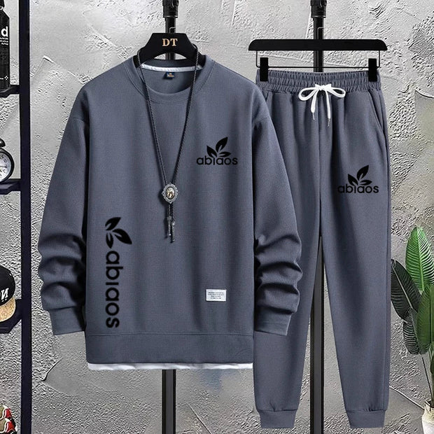 2023 Autumn/Winter New plush and warm Waffle fabric Men's casual sports set Youth two-piece set Classic minimalist print - laurichshop