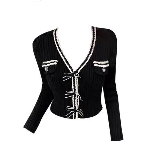 Elegant Knitted Pullover Office Lady 2022 Autumn Casual Long Sleeve Y2k Clothing V-neck Korean Style Fashion Slim Blouse Woman - laurichshop