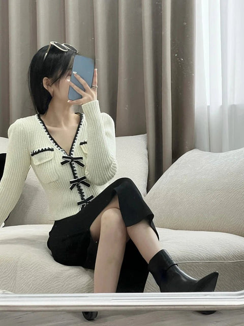 Elegant Knitted Pullover Office Lady 2022 Autumn Casual Long Sleeve Y2k Clothing V-neck Korean Style Fashion Slim Blouse Woman - laurichshop