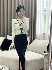 Elegant Knitted Pullover Office Lady 2022 Autumn Casual Long Sleeve Y2k Clothing V-neck Korean Style Fashion Slim Blouse Woman - laurichshop