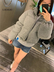 loehsao 2022 new autumn and winter stand collar thickened down jacket women's short white duck down wool women's coat - laurichshop