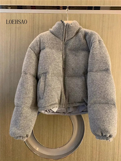 loehsao 2022 new autumn and winter stand collar thickened down jacket women's short white duck down wool women's coat - laurichshop