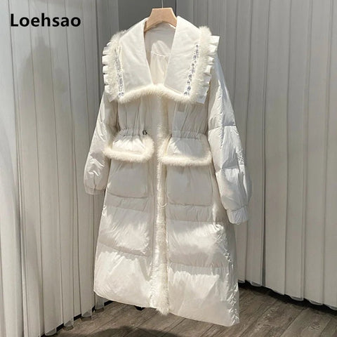 Loehsao Brand Women Jacket Black White Mink Hair 90% white Goose Down casual Long Parkas Waterproof Fashion Female Winter Coat - laurichshop