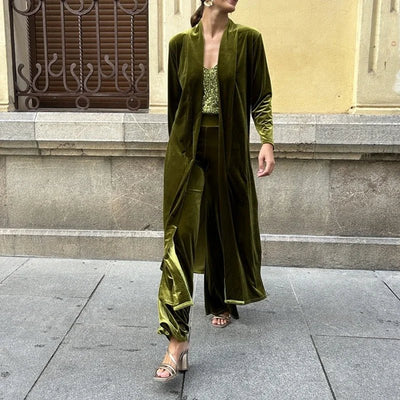 Solid Elegant Velvet Office Lady Two-piece Set Fall Winter Long Cardigan Outwear With Wide Leg Pants Suit Women Fashion Coat Set - laurichshop