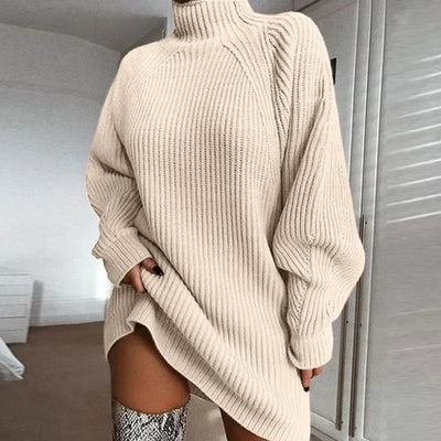 Women Solid Pink Dress Casual Elegant Autumn Woman Oversized Straight Mini Dress Winter Turtleneck Knitted Sweater Dress - laurichshop